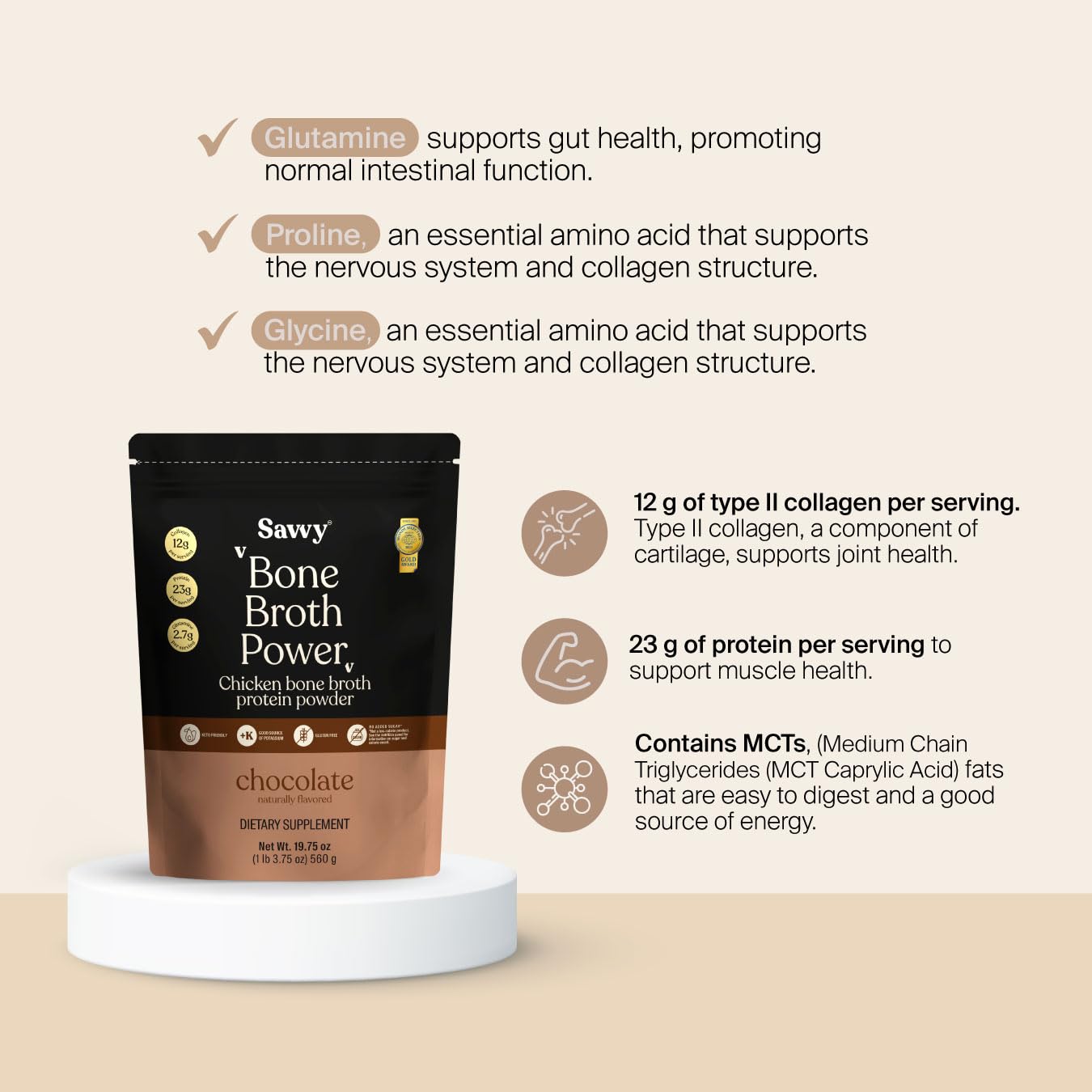 SAVVY Bone Broth Power Chocolate Protein Powder, 560g (16 Servings)