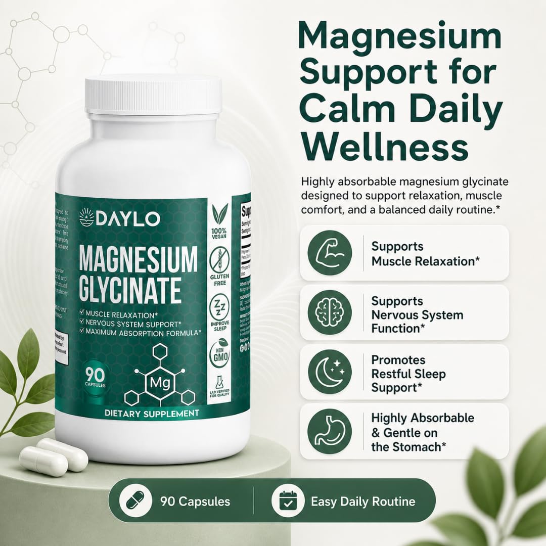 DAYLO Magnesium Glycinate Capsules 275 mg Elemental Magnesium Daily Magnesium Supplement for Relaxation, Muscle Function & Nighttime Routine Support, 90 Capsules