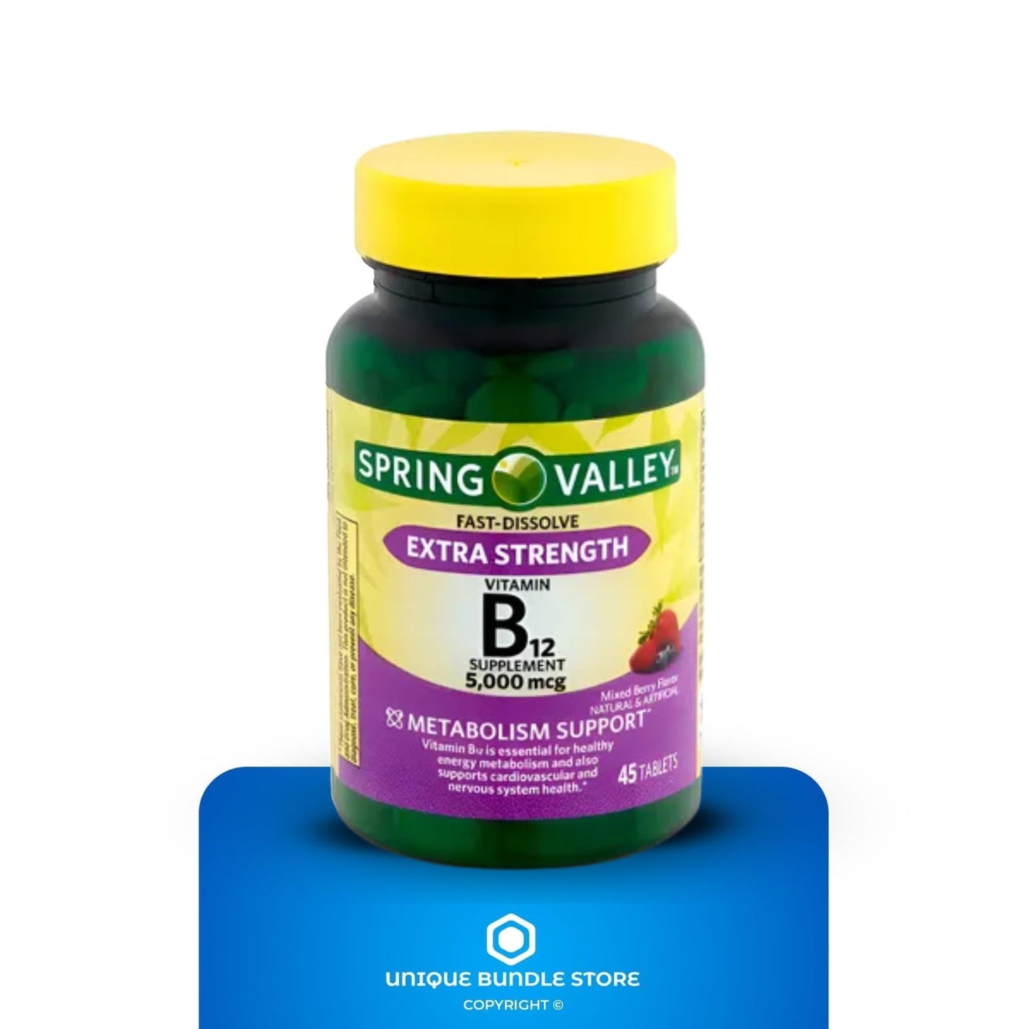 Unique Bundle Store Extra Strength Vitamin B12 5000 mcg - 45 Tablets, Mixed Berry Flavor, Fast Dissolve B12 Vitamins, Daily B12 Supplement for Metabolism Support