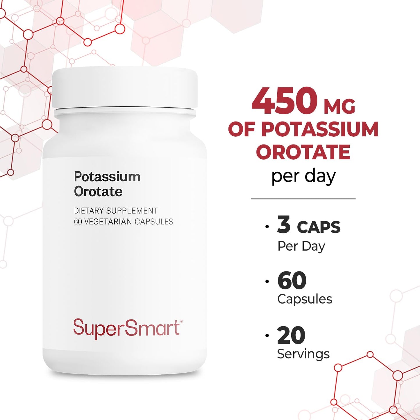 Supersmart Potassium Orotate Supplement 450mg per Day (Enhanced Absorption) - Potassium with Orotic Acid Capsules, 60 Count
