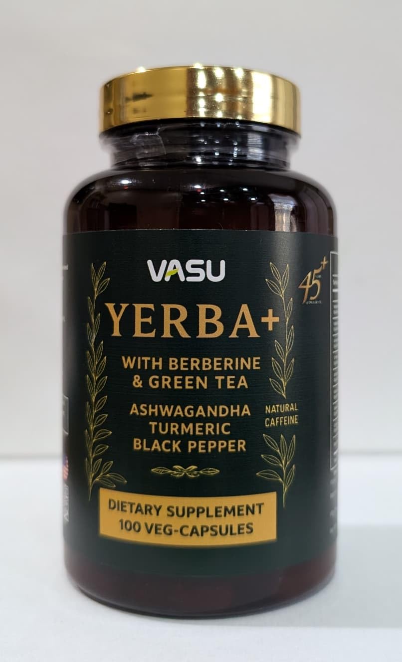 Vasu Yerba+ Yerba Mate Capsules 9-in-1 Blend with Barberry & Green Tea, Ashwagandha, Amla, Turmeric & Ginger – Herbal Supplement for Energy, Focus & Digestive Support, 100 Vegan Capsules