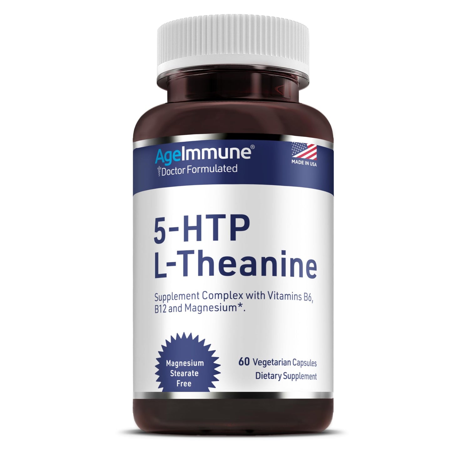 AgeImmune 5-HTP 100mg with L-Theanine 400 mg Formula for Stress Relief and Relaxation Support for Teens and Adults with Vitamins B6 - B12 and Magnesium Bisglycinate - Doctor Formulated – without stearates, 60 Capsules