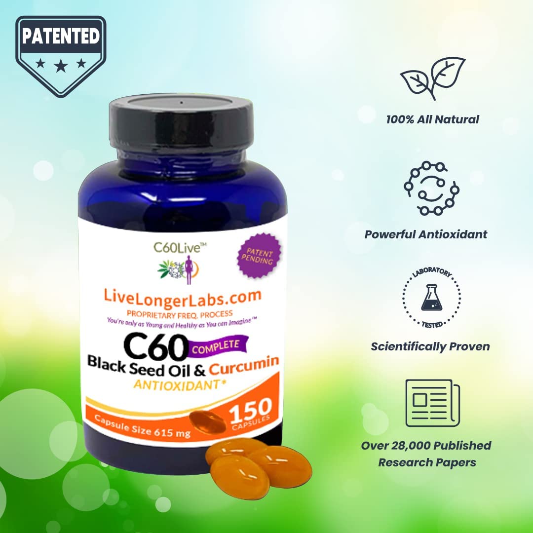 C60live C60 Complete - Carbon 60 (Fullerene) with Black Seed Oil & Curcumin Gel Capsules, 150 Count