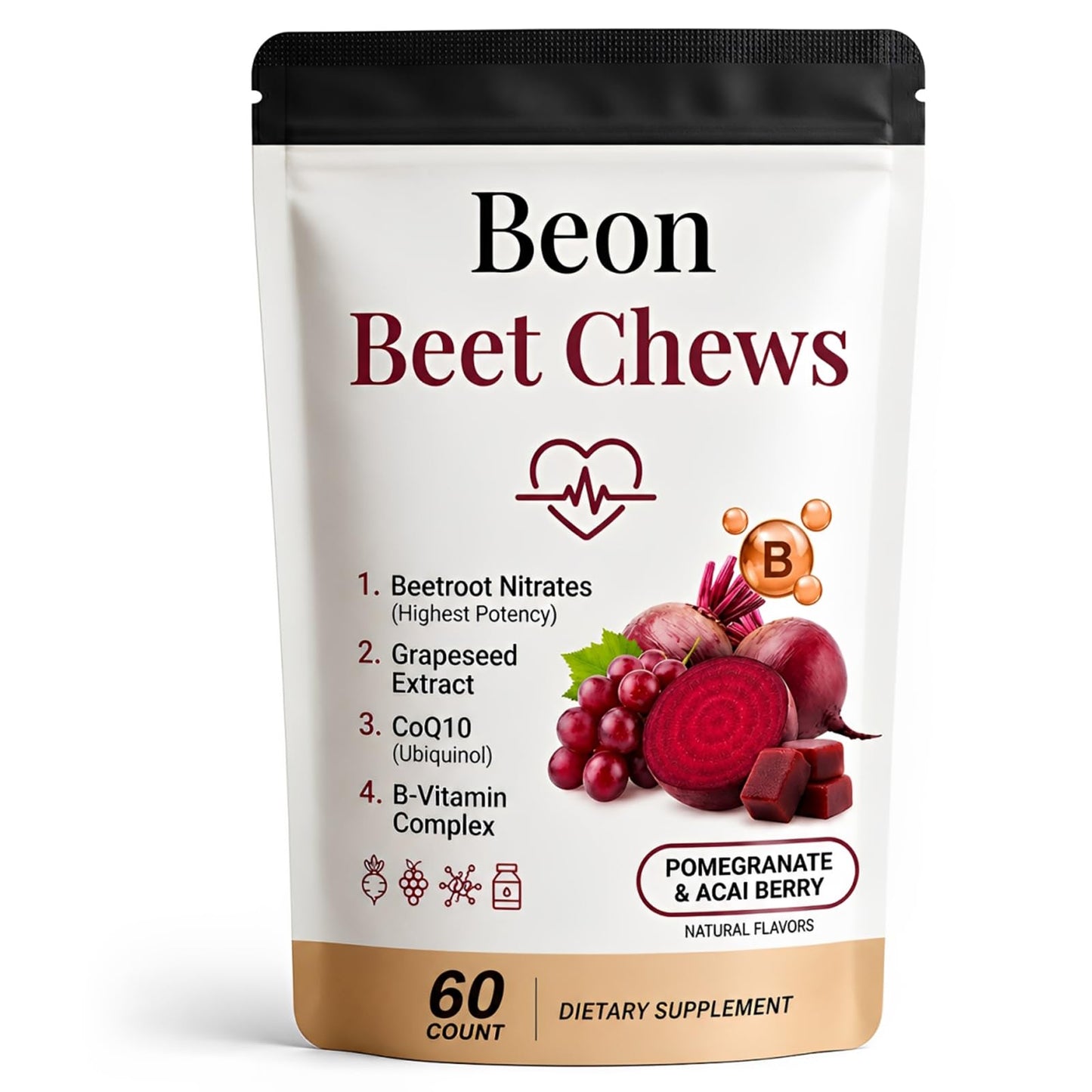 puyode Beon Beet Chews Gummies with Grape Seed & L-CoQ10 for Calm Mood, Free Vegan, 60 Chews