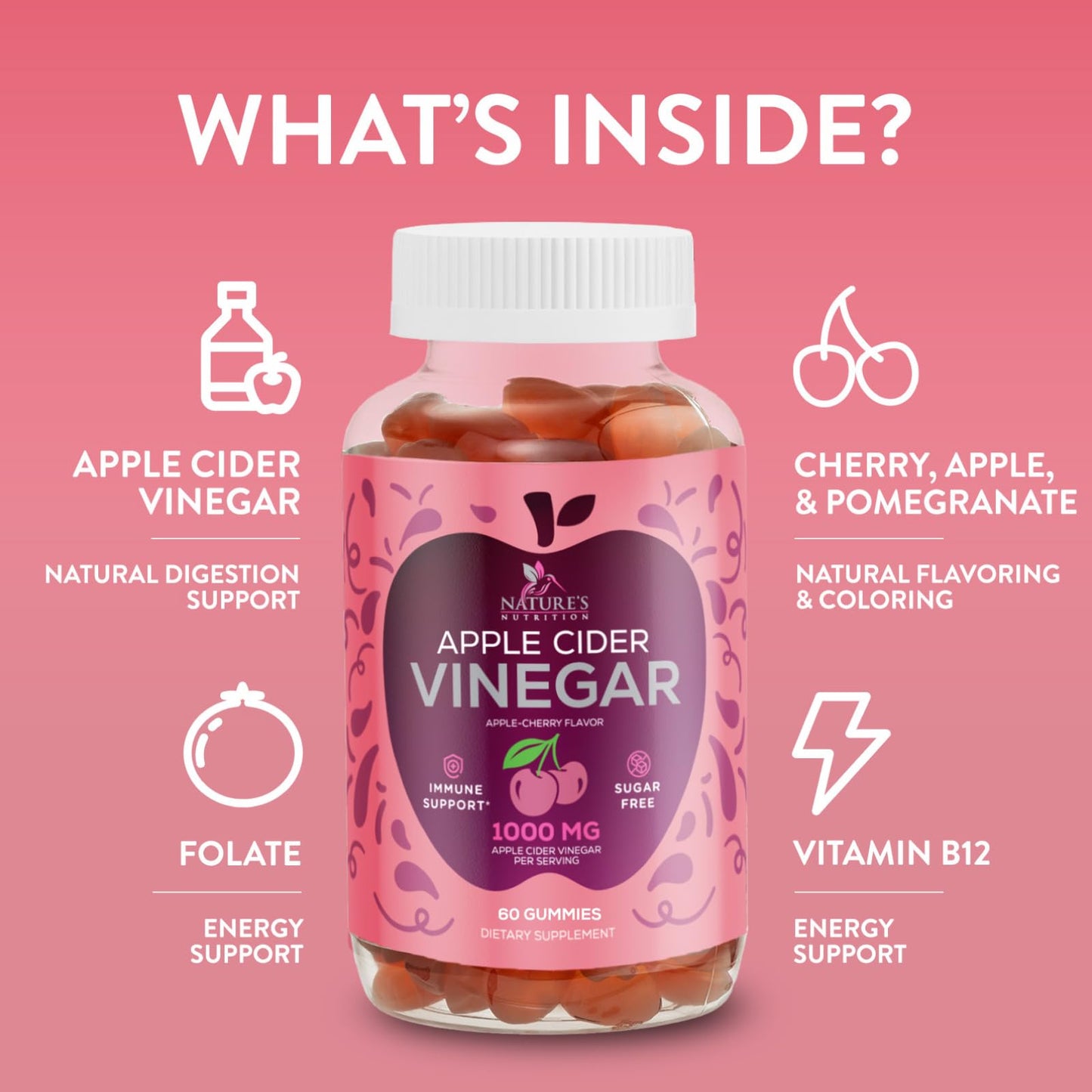 Nature's Nutrition Apple Cider Vinegar Gummies 1000mg Per Serving, 60 Gummies