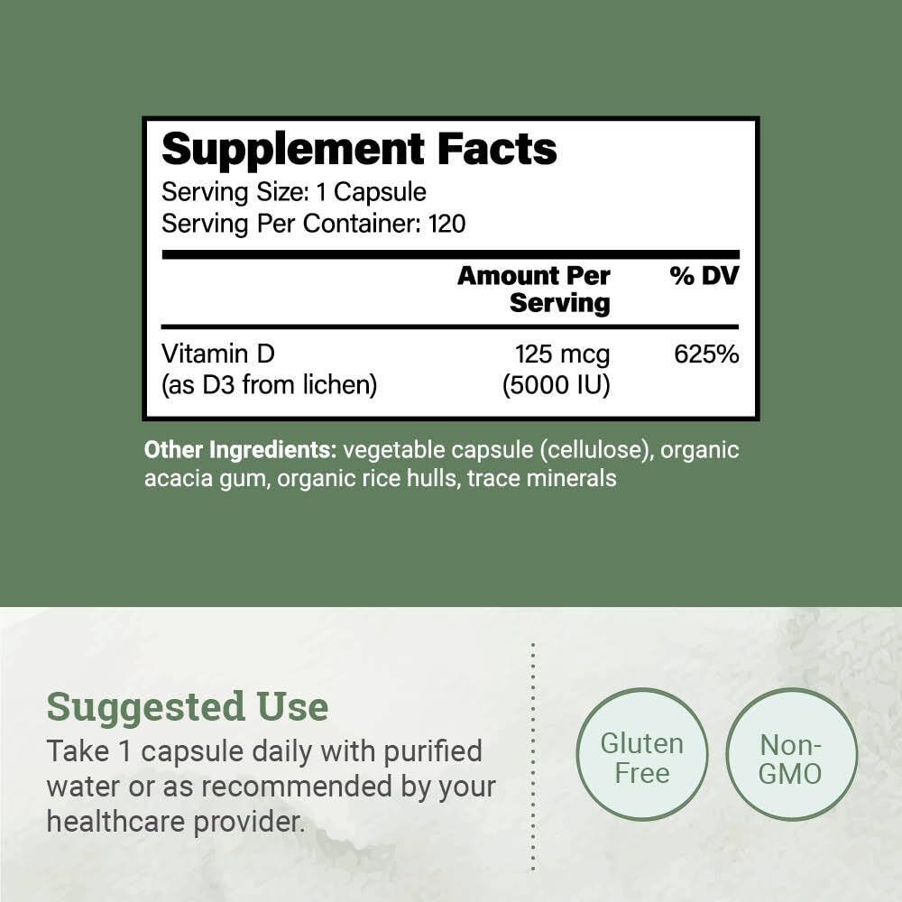 Earth Harmony Naturals Vegan Vitamin D3 5000 IU Capsules, 120 Count