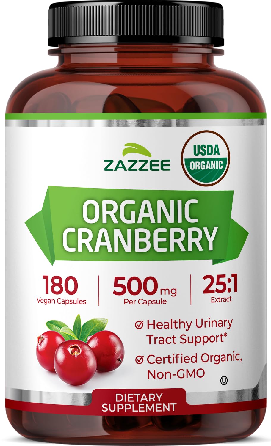 Zazzee USDA Organic Cranberry 25:1 Extract Capsules, 500 mg per Capsule, 180 Count