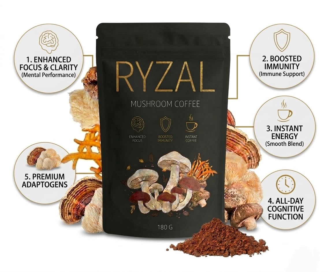 RYZAL Mushroom Coffee Powder Instant Organic Enhanced Focus, Boosted Immunity with Cordyceps, Reishi, Shiitake, Turkey Tail, King Trumpet, Lion's Mane for Positive Mood & Energy, 6.34 Ounce