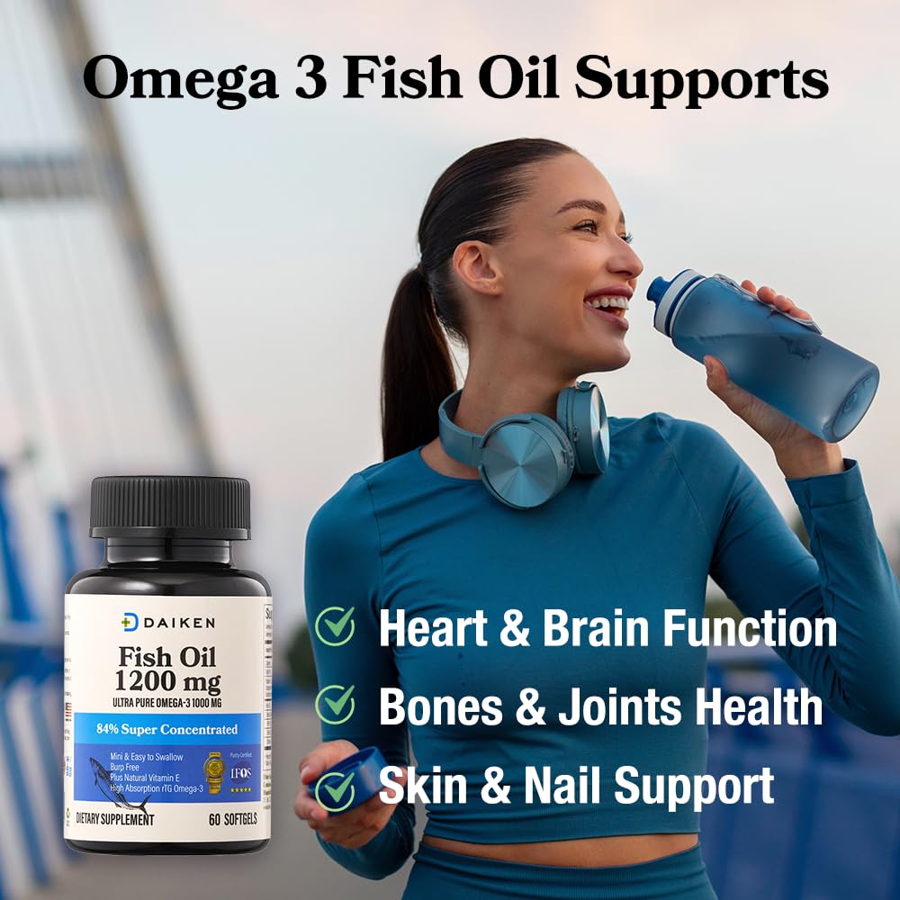DAIKEN Mini Fish Oil 1200 mg, rTG Omega-3 1000 mg Softgels, 60 Count