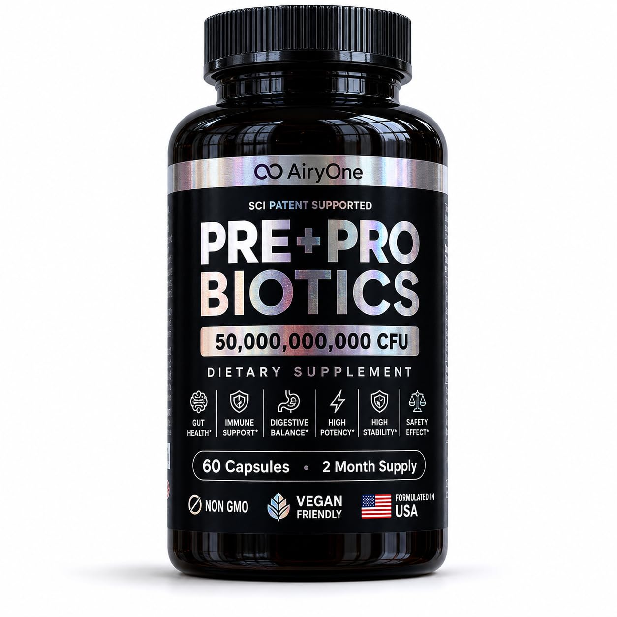 airy one Pre + Probiotic 50B CFU – Advanced Gut, Digestive & Immune Support, High Potency, Shelf Stable, Vegan, Non-GMO, Made in USA, 60 Capsules