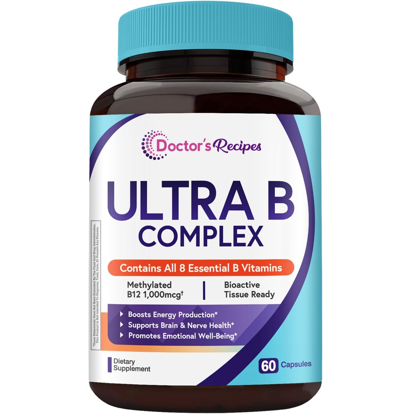 Doctor's Recipes Ultra B Complex Vitamins for Women and Men, with Methylated B12 1000mcg, B6, B1, Folic Acid, 60 Capsules