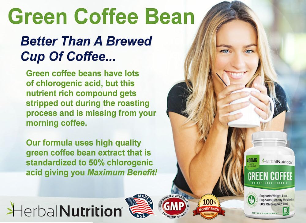 Herbal Nutrition Pure Green Coffee Bean Extract 800mg 50% Chlorogenic Acid, 60 Capsules
