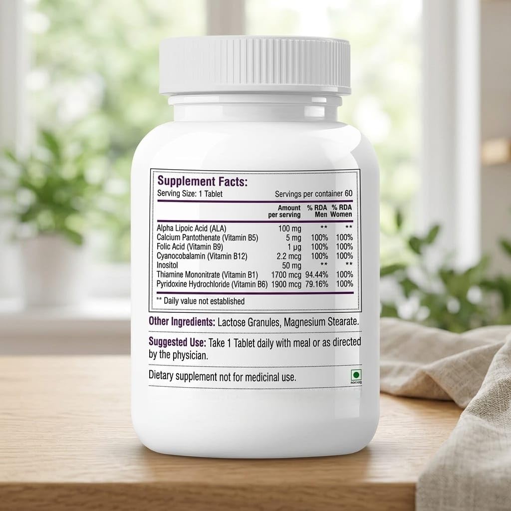 Generic Vitamin B12 with B1, B5, B6, B9 (Folic Acid), Alpha Lipoic Acid ALA & Inositol Supplements, 60 Tablets