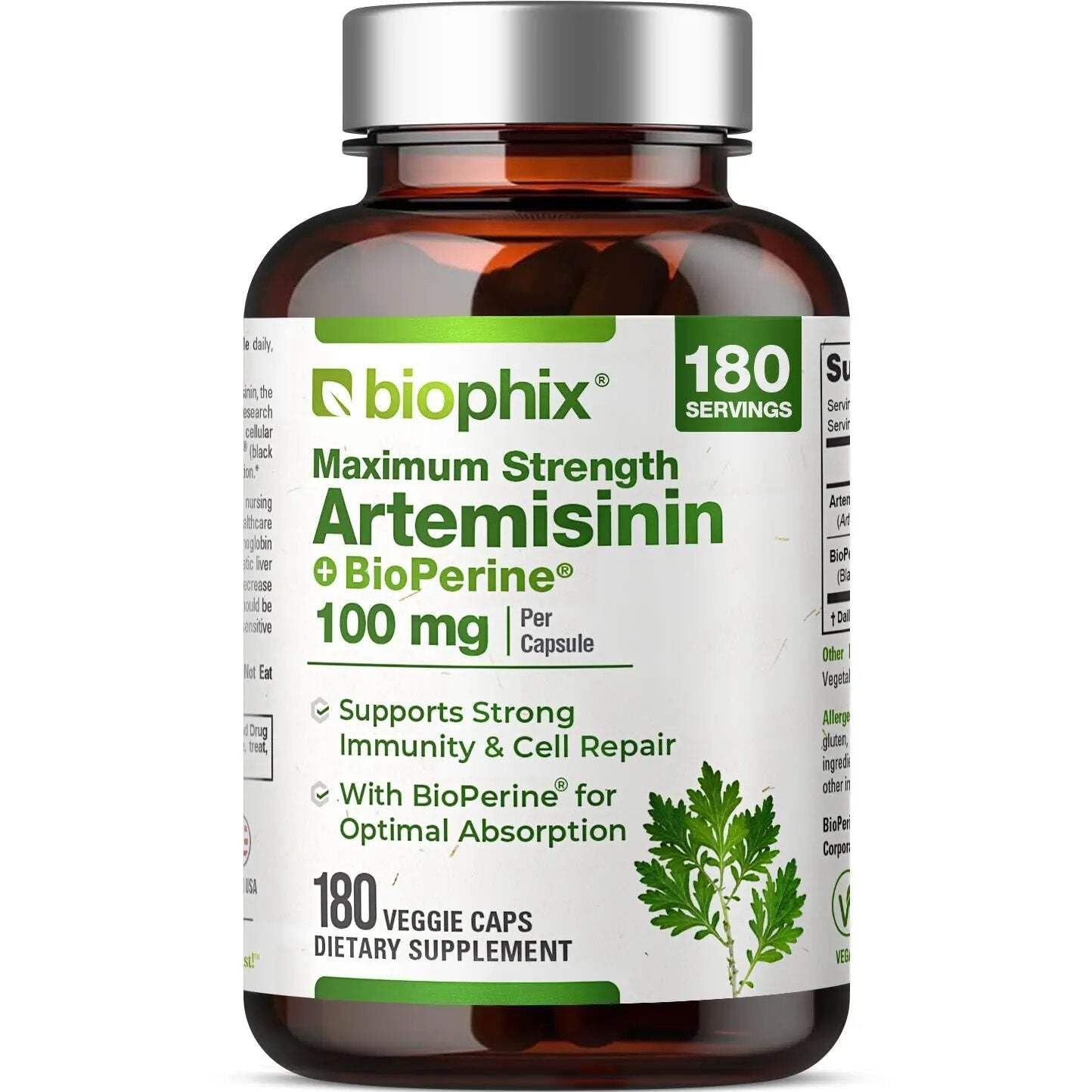 Biophix Artemisinin Supplement + BioPerine 100 mg - Maximum Strength Sweet Wormwood Extract - Supports Cellular Health, Antioxidant Balance & Immune Function, 180 Capsules