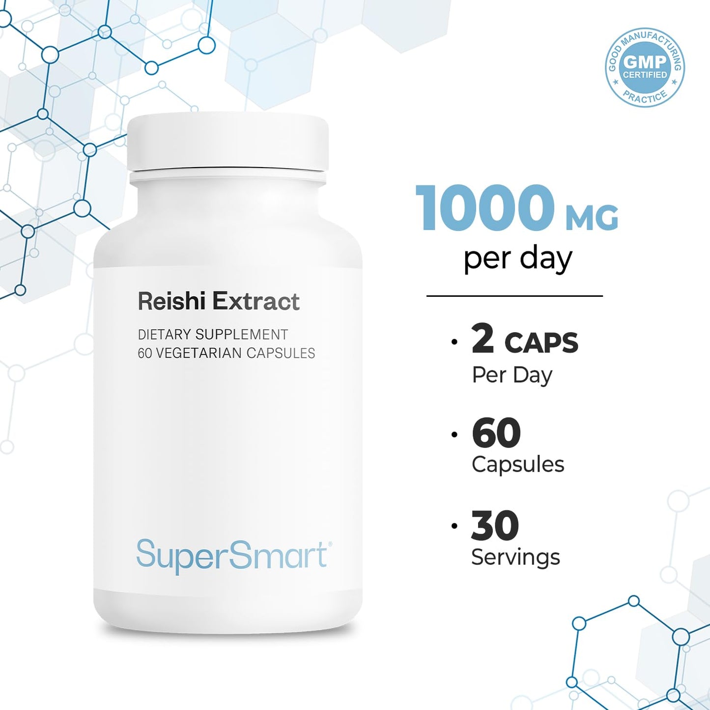 Supersmart Reishi Extract 1000mg per Day (Maximum Strength) - Reishi Mushroom Supplement - Standardized Extract Capsules, 60 Count