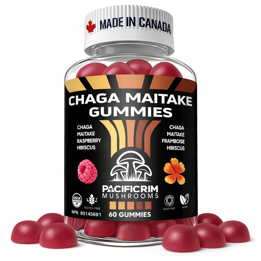 Pacific Rim Mushrooms Daily Defense Organic Mushroom Gummies – Chaga & Maitake with Raspberry Hibiscus, 60 Gummies