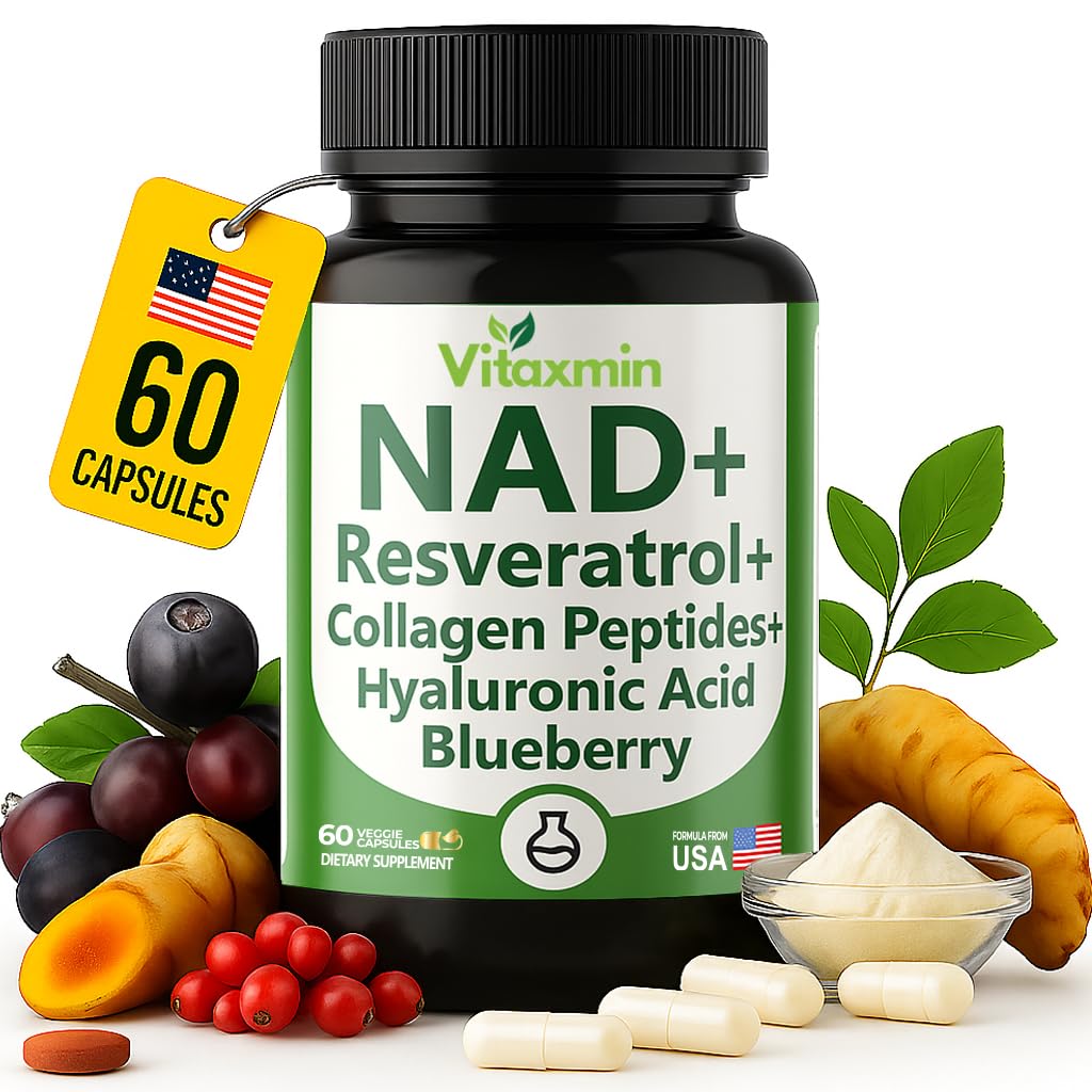 vitaxmin NAD Resveratrol Supplement 200mg with Berberine NAC Collagen - Nicotinamide Riboside NMN NADH CoQ10 Biotin Hyaluronic Acid - Hair Skin Nails Supplement 60 Capsules