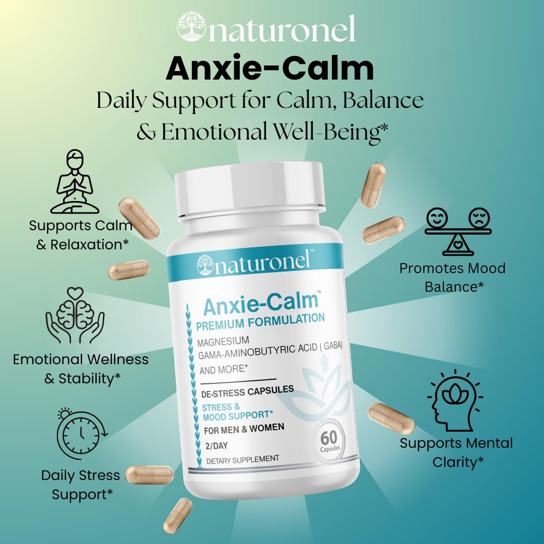 Naturonel Anxie-Calm – Stress & Mood Support with Magnesium, GABA, Ashwagandha, Rhodiola, Lemon Balm & Chamomile Capsule, 60 Count