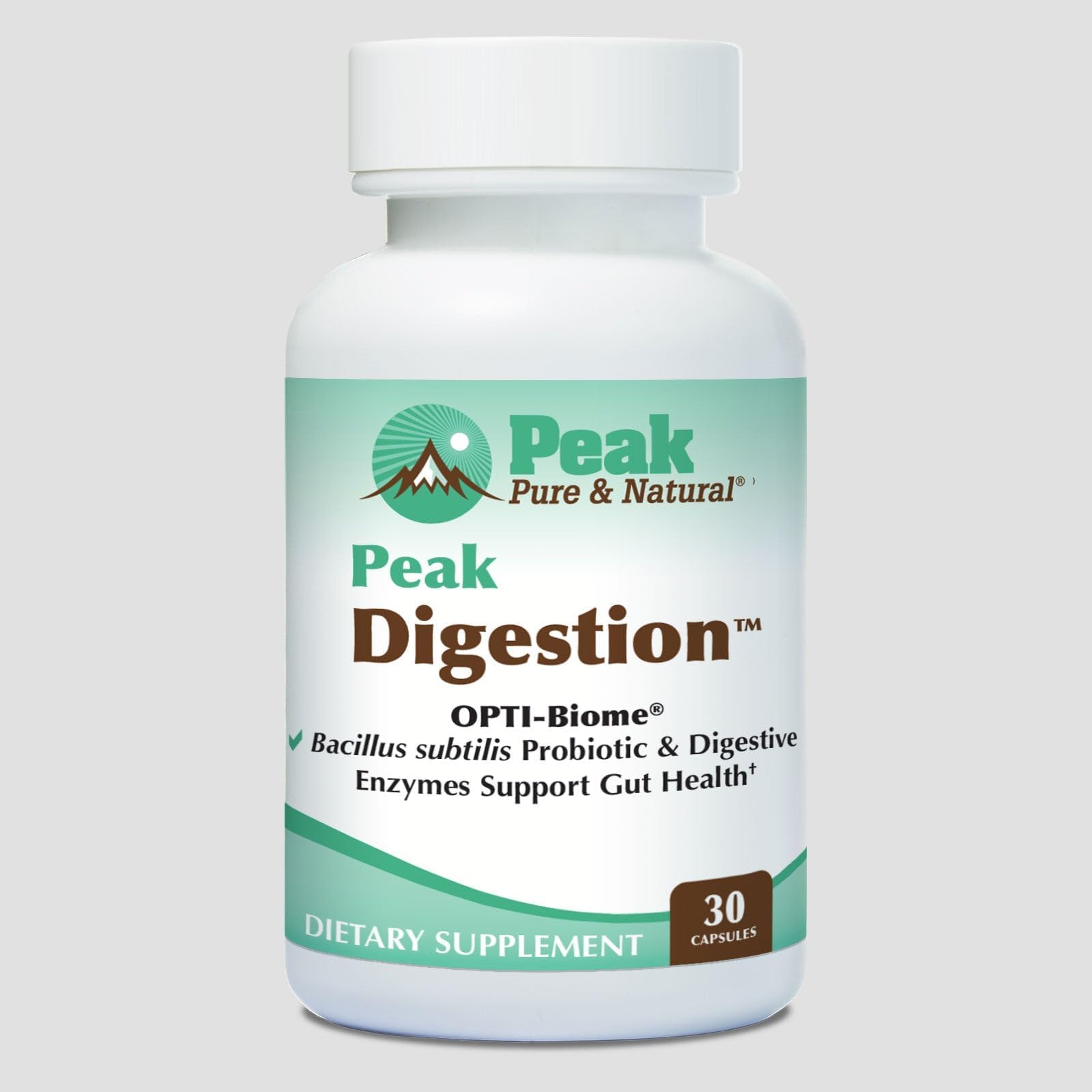 Peak Pure & Natural Peak Digestion Probiotic Supplement - Digestive Enzymes with Bacilus Subtilis Non Dairy Probiotic for Optimal Gut Health - Supports Gluten Digestion, Helps Deter Bloating & Constipation Capsules 30