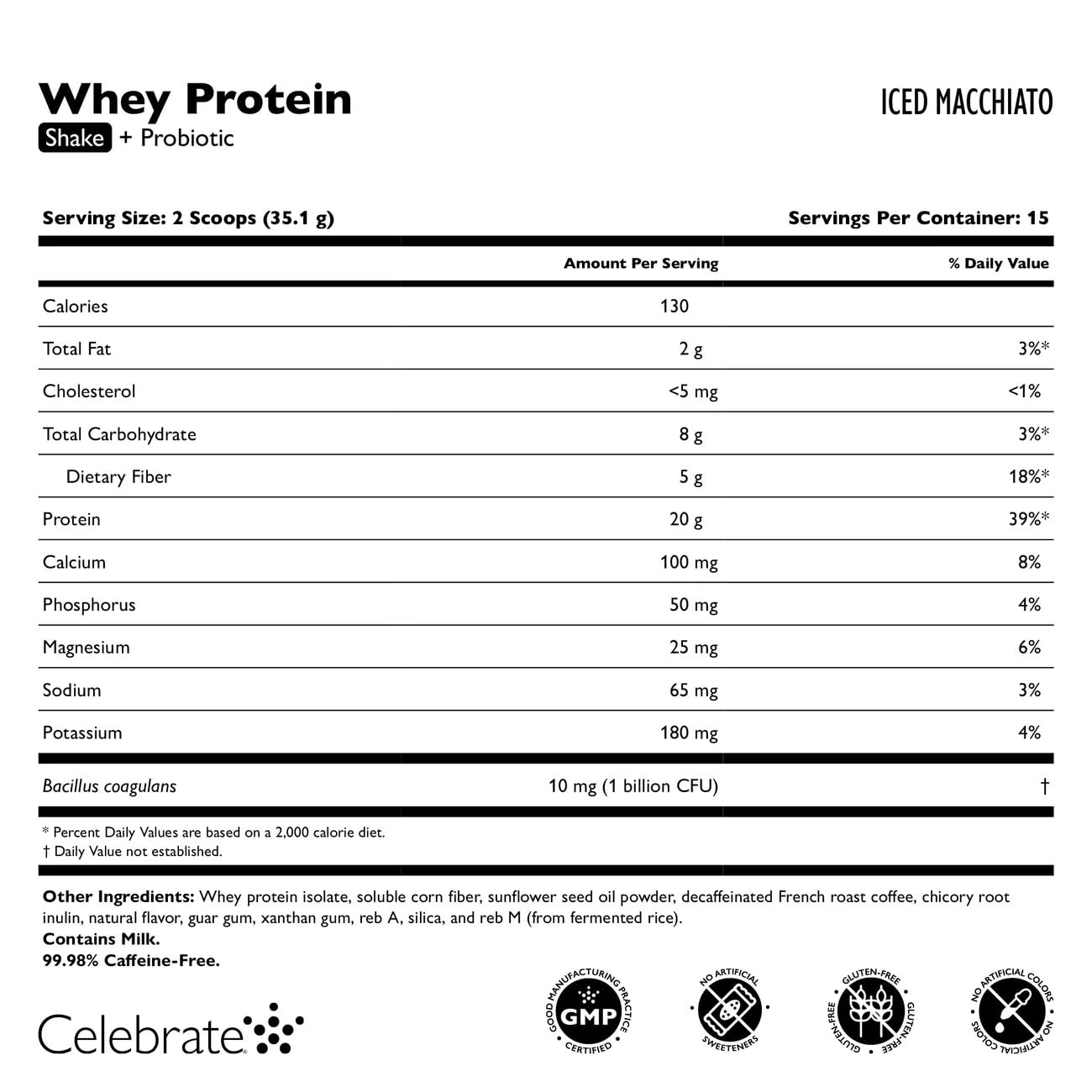 Celebrate Bariatric Supplements Rebuild Protein Powder with Probiotics & Prebiotics, 20g Whey Isolate Protein, High Fiber, Iced Macchiato, 15 Servings