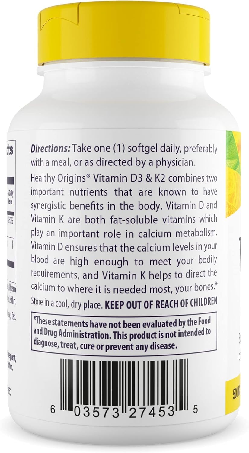 Healthy Origins Vitamin D3 2000 IU (50 mcg) & Vitamin K2 200 mcg (MK-7) Softgels, 180 Count