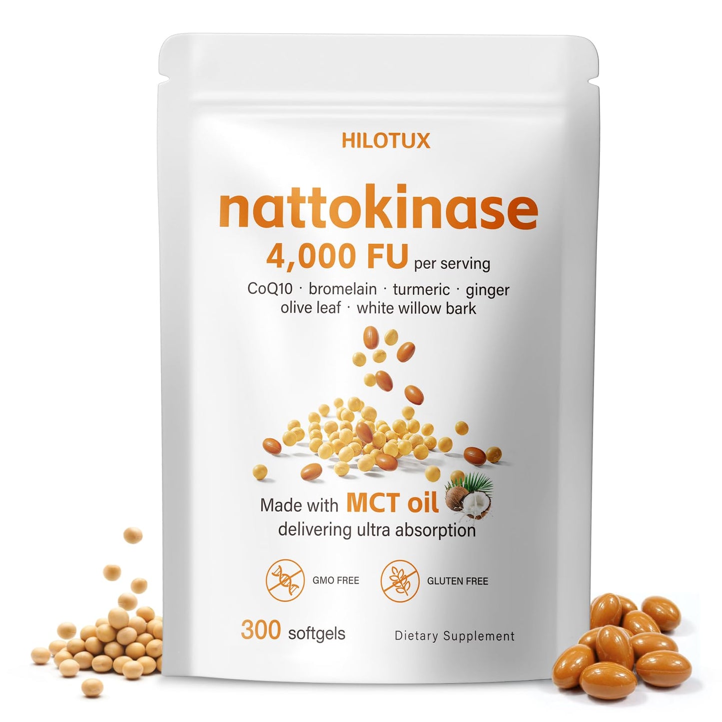 HILOTUX Nattokinase Supplement 4,000 FU, 7-in-1 Formula with CoQ10, Bromelain, Turmeric, Ginger, Olive Leaf & White Willow Bark, MCT Oil Softgels for Bioavailability, 300 Softgels