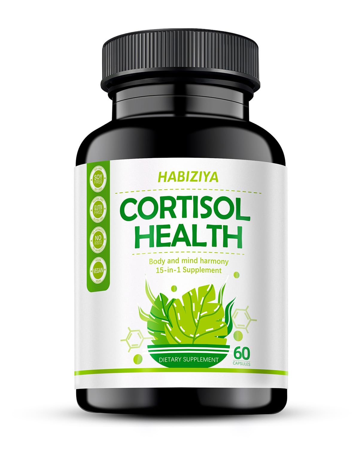HABIZIYA Cortisol Supplement with Magnesium Glycinate Ashwagandha Rhodiola Rosea 15-in-1 Advanced Cortisol Capsules, 60 Count
