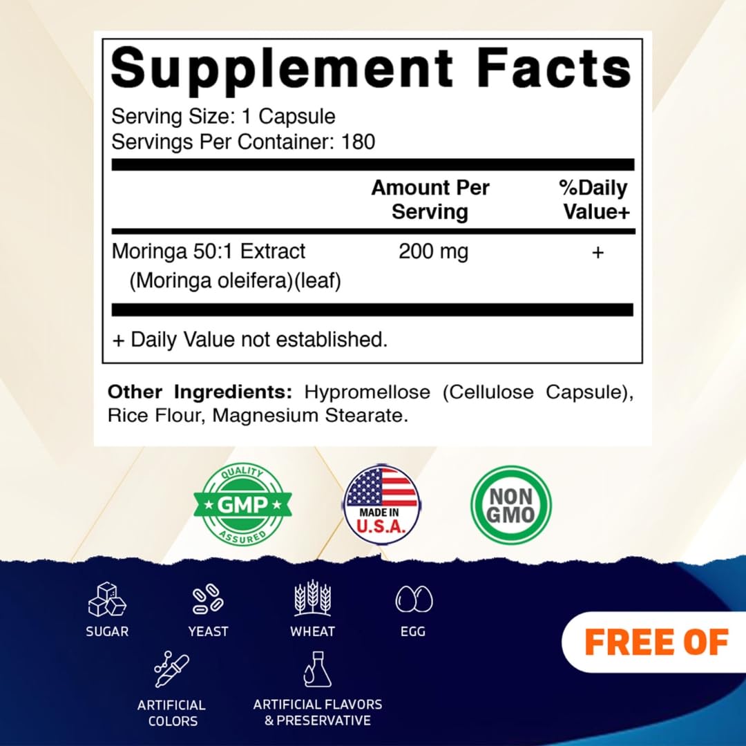 Vitamatic Moringa Extract Plant-Based Capsules with Moringa Oleifera Leaf Powder Green Superfood 180 Capsules