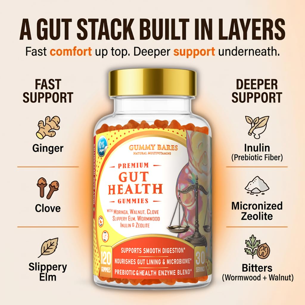 Gummy Bares Natural Multivitamins Gut Support Gummies with Prebiotic Fiber (Inulin) for Digestive Comfort, Gut Microbiome, Gas & Bloating, and Regularity Support, 120 Gummies