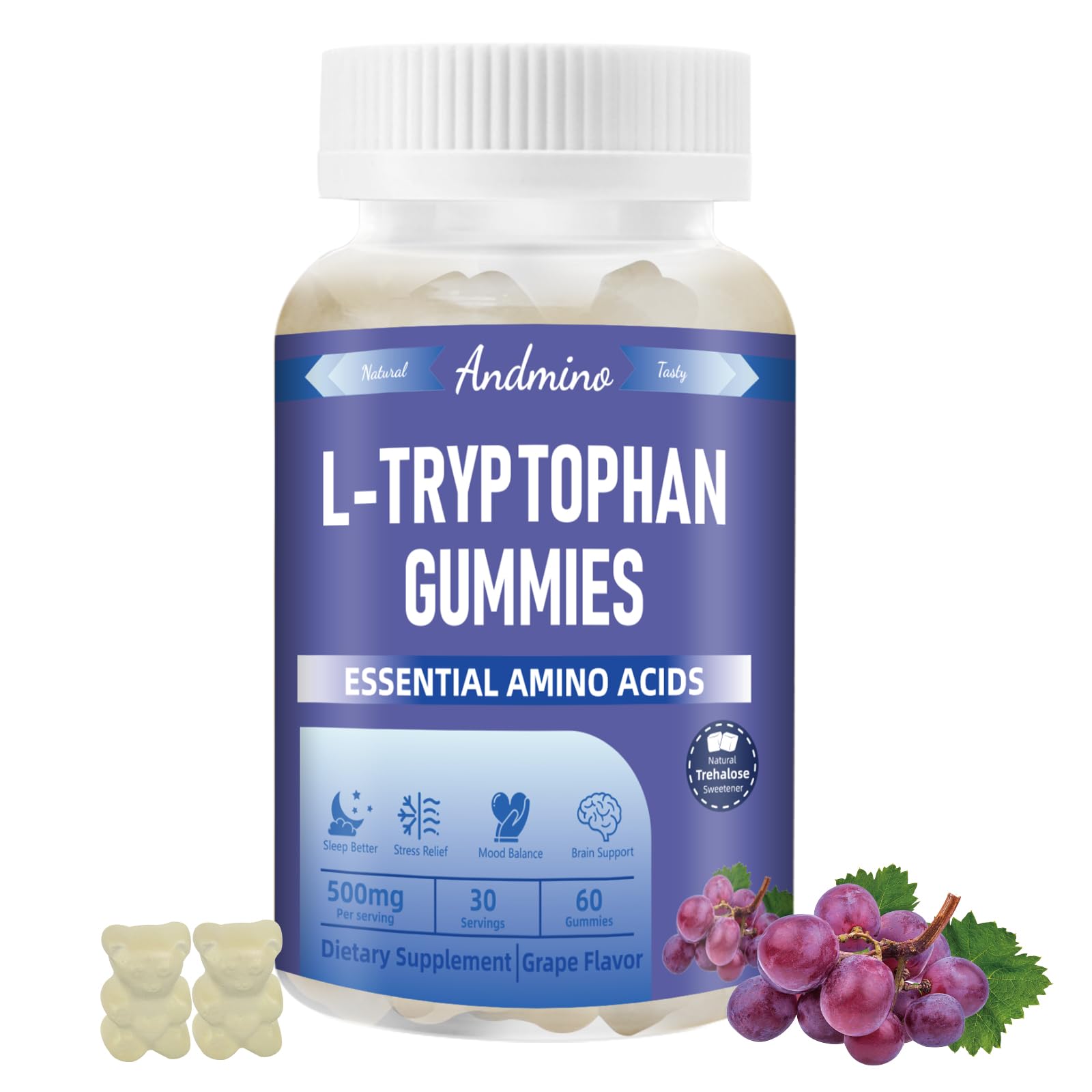 andmino L-Tryptophan Gummies 500mg with Trehalose, 60 Gummies