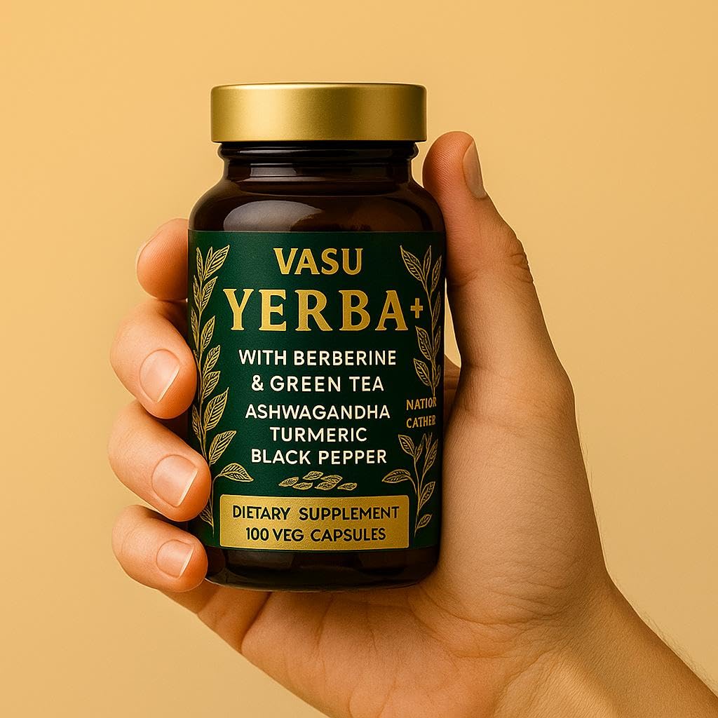 Vasu Yerba+ Yerba Mate Capsules 9-in-1 Blend with Barberry & Green Tea, Ashwagandha, Amla, Turmeric & Ginger – Herbal Supplement for Energy, Focus & Digestive Support, 100 Vegan Capsules