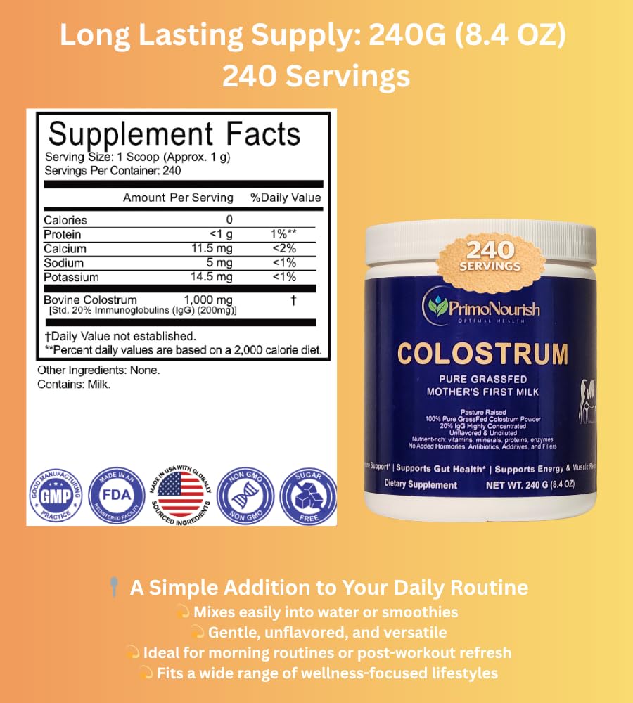 PrimoNourish Grass-Fed, Pasture-Raised Pure Bovine Colostrum Powder for Immune & Gut Support, Energy & Recovery, 8.4 oz