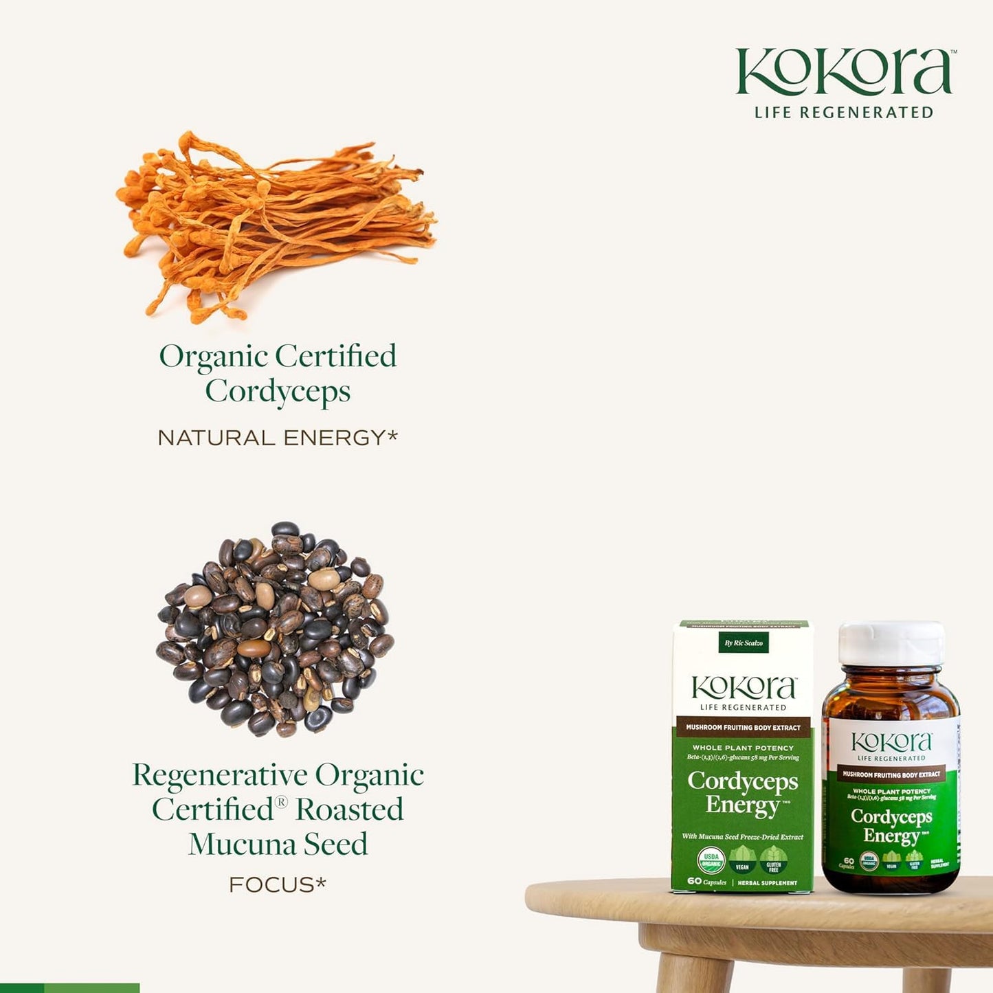 kokora Cordyceps Energy Organic Adaptogenic Mushroom Supplement Capsule 60 Capsules