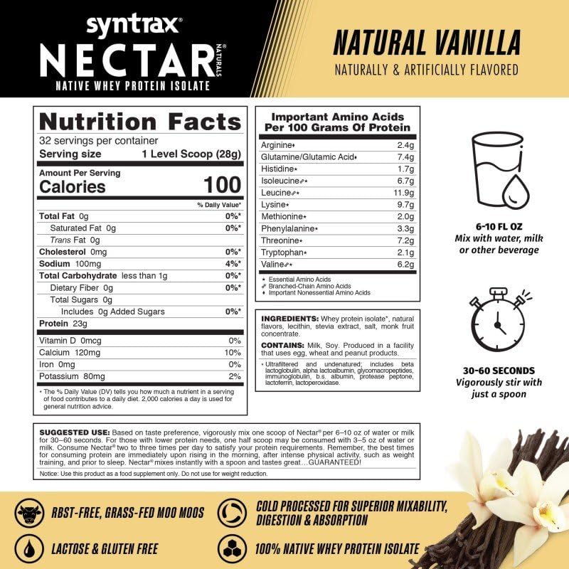 Syntrax Nectar Naturals All Natural Whey Protein Isolate Powder Natural Vanilla, 2 lb, 32 Servings