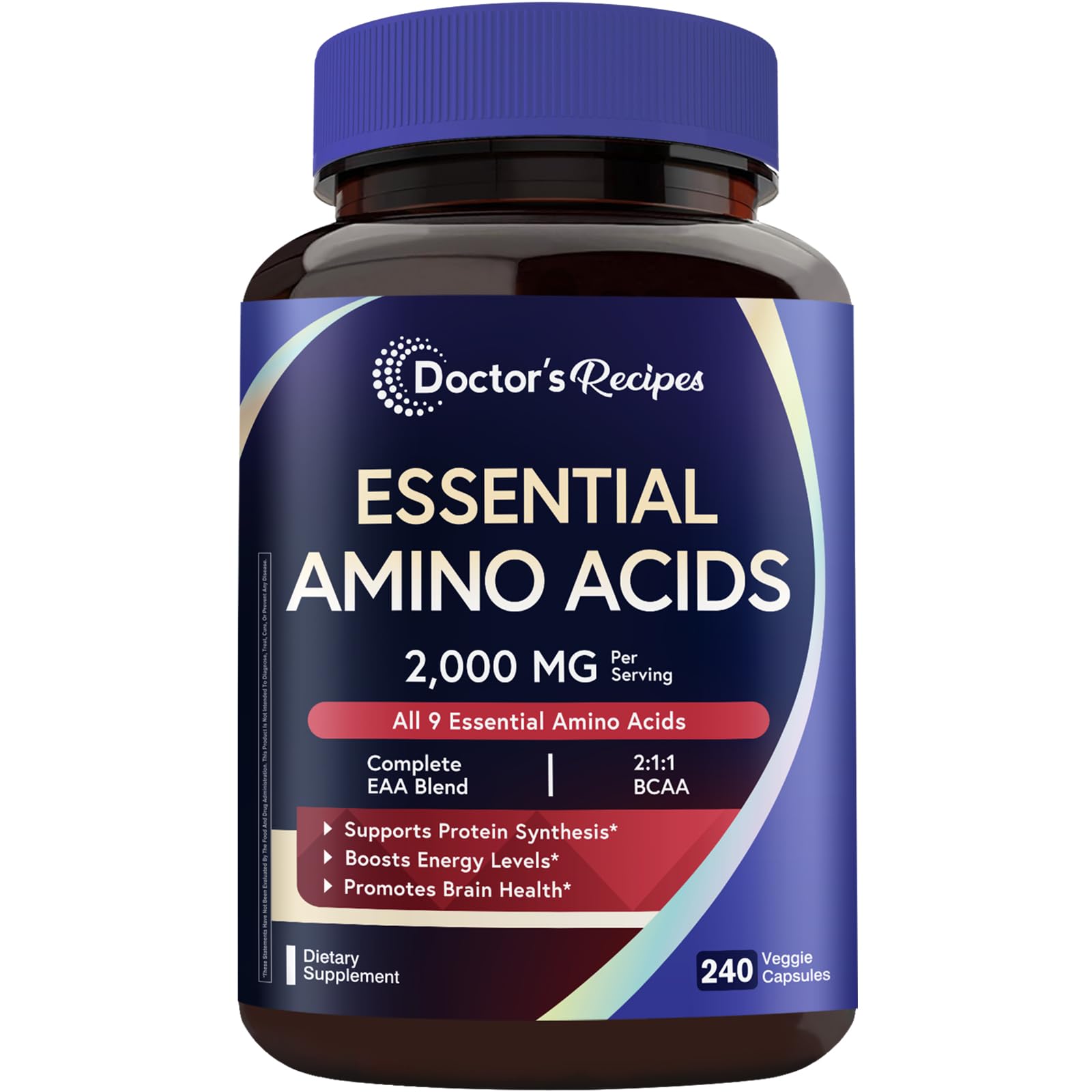 Doctor's Recipes Essential Amino Acids Supplement, All 9 Essential Amino Acids (EAA), BCAA 2:1:1, 240 Capsules