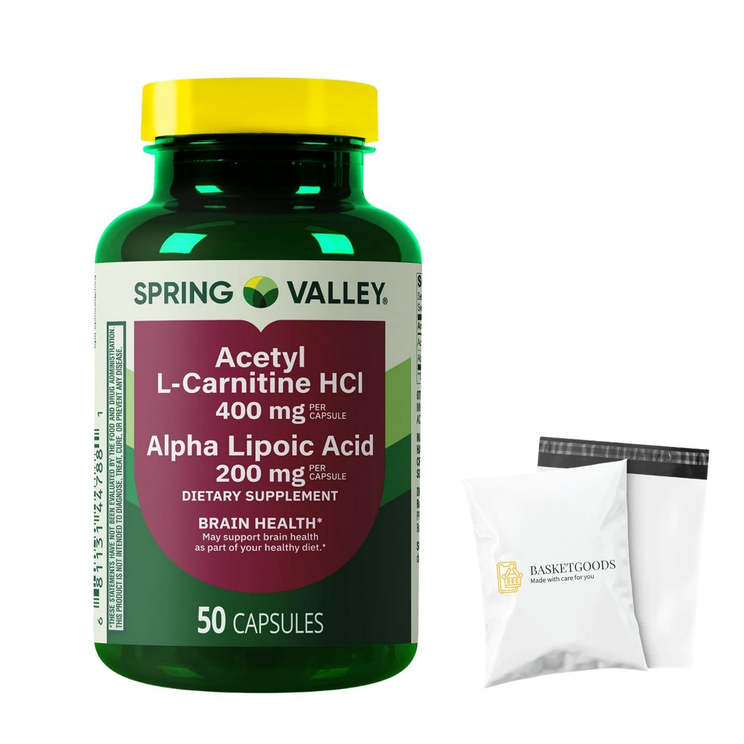 BASKETGOODS Acetyl L-Carnitine HCI 400 mg + Alpha Lipoic Acid 200 mg Capsules, 50 Count