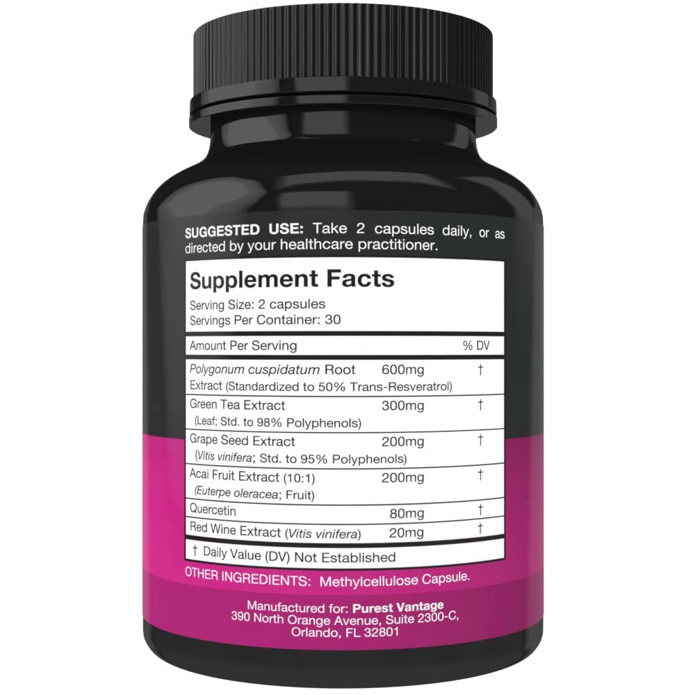 Purest vantage Resveratrol Supplement Potent 1400mg Formula with Trans Resveratrol, Quercetin, Grape Seed, Green Tea, Acai and Red Wine Extract 60 Veggie Capsules