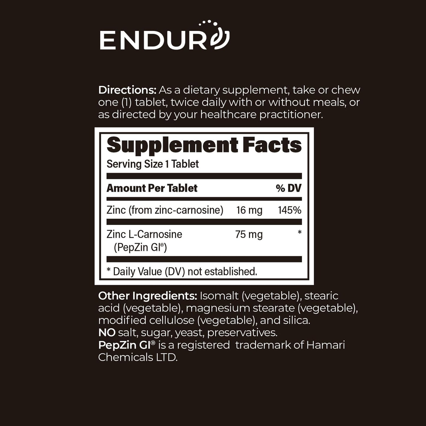 Endurance Products Pep-Zin GI Zinc Carnosine Chewable, PepZinGI® Tablet, 60 Tablets