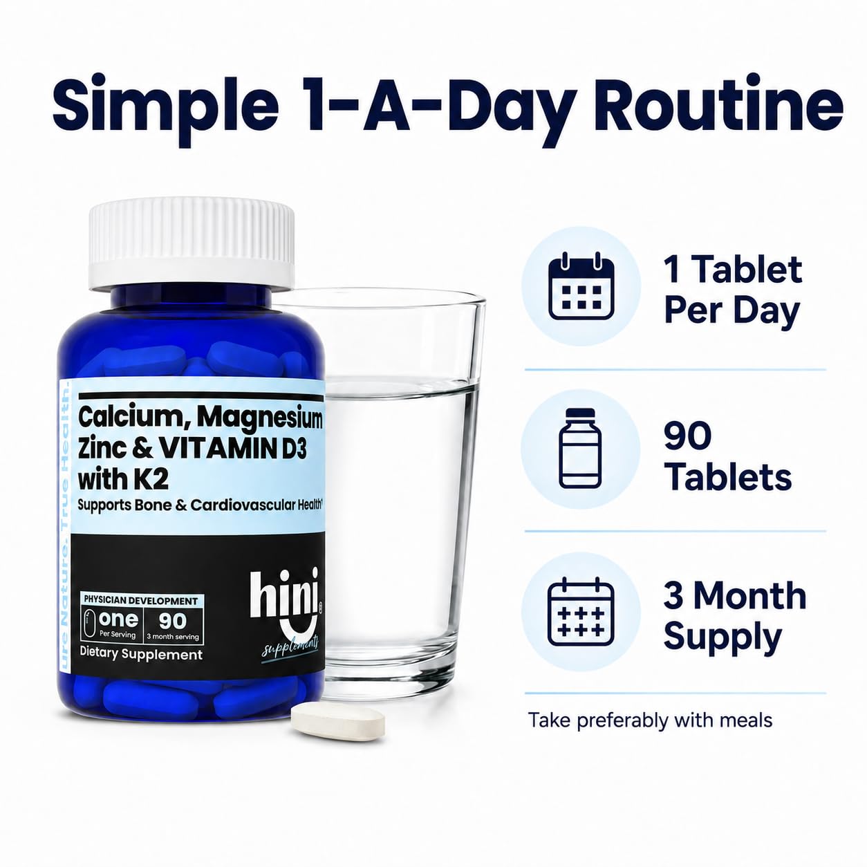 HINI Calcium Magnesium Zinc Supplement with Vitamin D3 & K2 MK-7 Tablets, 90 Tablets