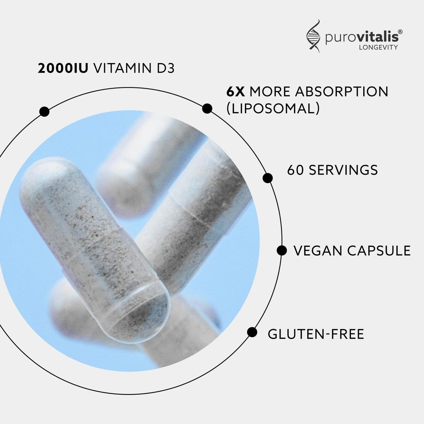 PUROVITALIS Liposomal Vitamin D3 2000iu High Strength Anti-oxidant Supplement, 60 Vegan Capsules