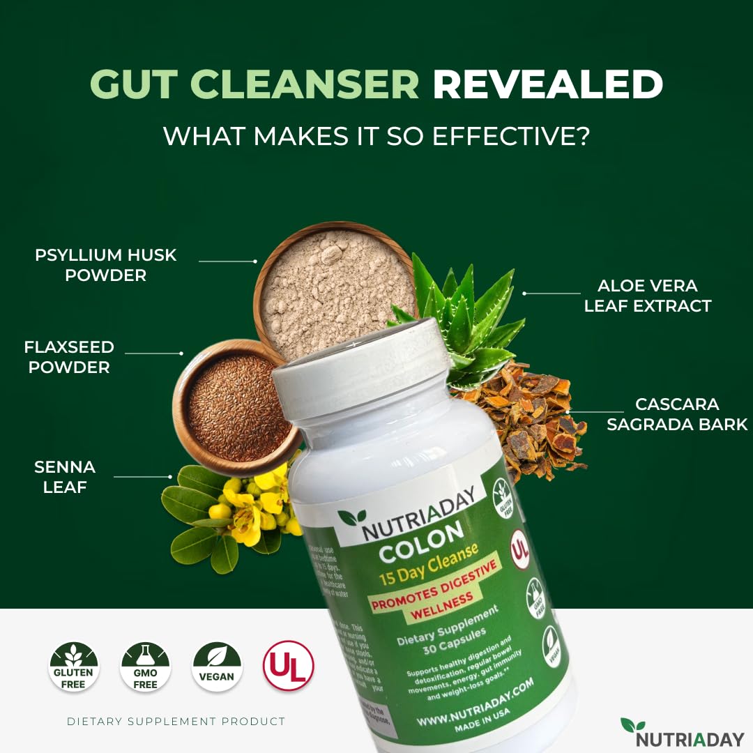 NUTRIADAY Colon 15 Day Cleanse - Advanced Gut Health Solution - Detox Cleanse for Humans with Cascara Sagrada, Psyllium Husk & Probiotics - Advanced Colon Cleanse Capsule, 30 Veg Capsules