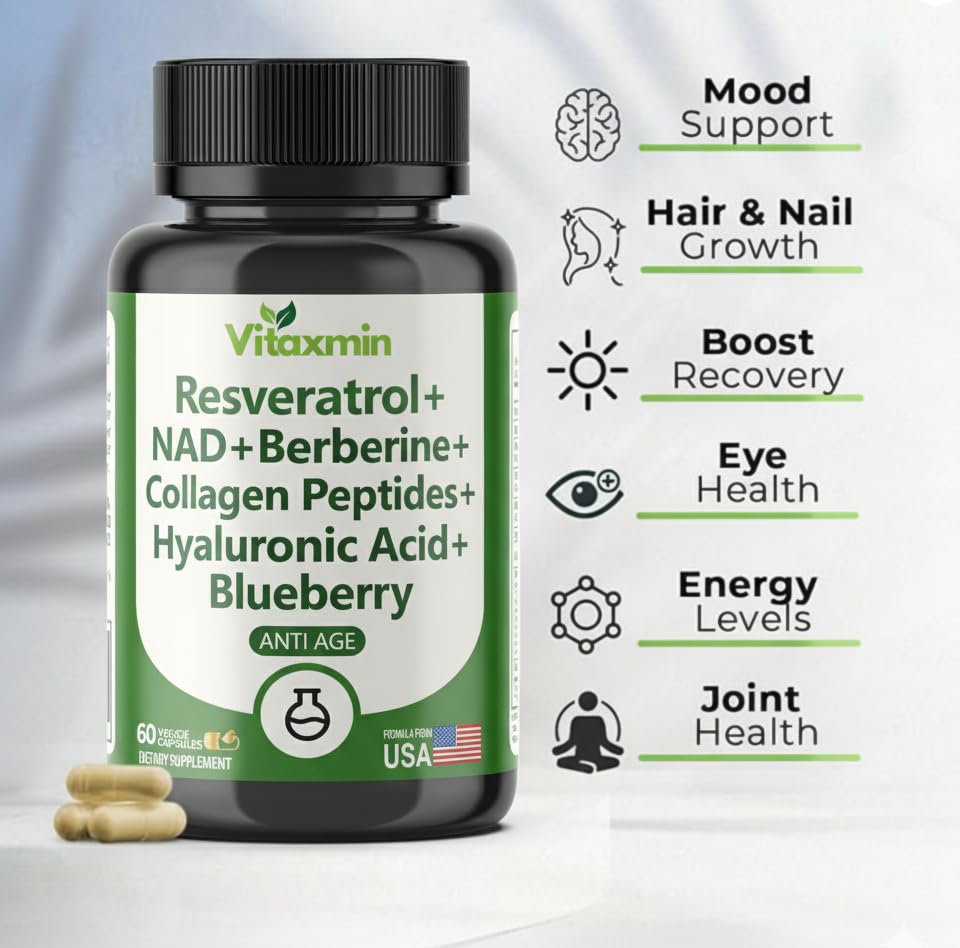 vitaxmin NAD Resveratrol Supplement 200mg with Berberine NAC Collagen - Nicotinamide Riboside NMN NADH CoQ10 Biotin Hyaluronic Acid - Hair Skin Nails Supplement 60 Capsules