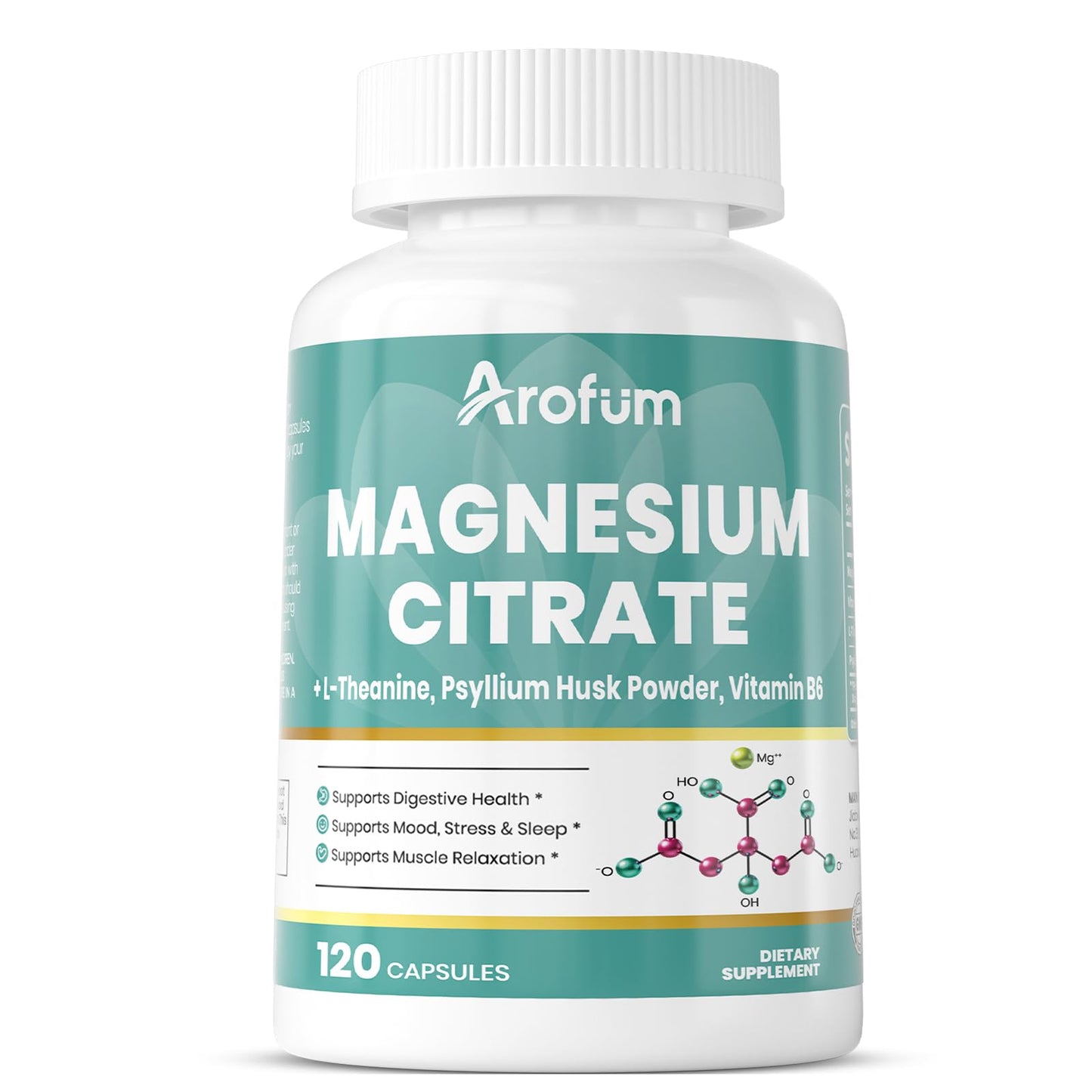 Arofum Magnesium Citrate Capsules for Constipation & Sleep Support, Vegan Magnesium Citrate Supplement with Vitamin B6 & L-Theanine for High Absorption, 120 Count