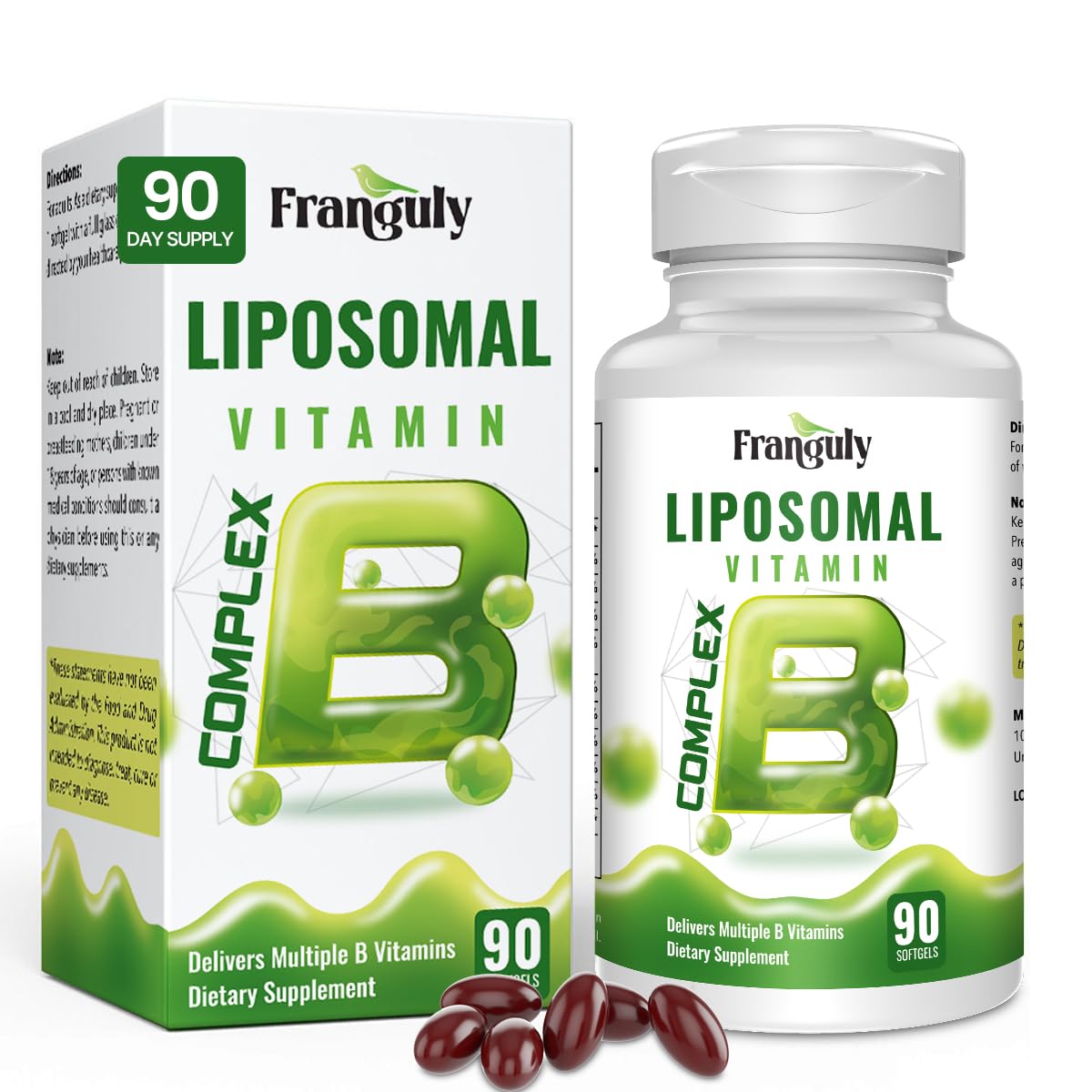 Franguly Liposomal B Complex for High Absorption Methylated B12, L-Methylfolate (5-MTHF), Full Active B Vitamins with Choline Inositol - Energy, Metabolism, Brain & Heart Support, Vegan, Non-GMO 90 Softgels