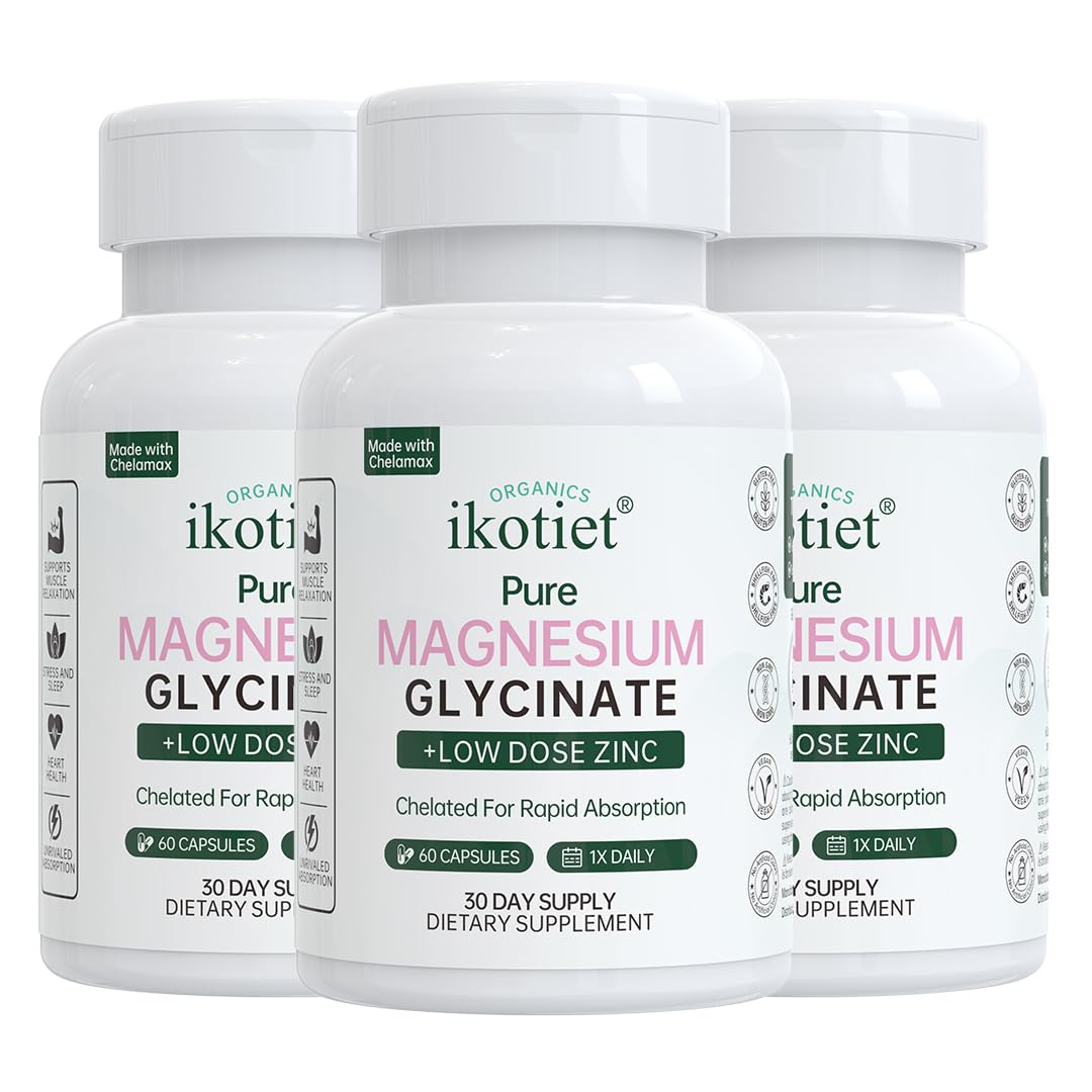 IKOTIET Magnesium Glycinate with Low Dose Zinc, Chelated Gentle Absorption Capsules, 180 Capsules