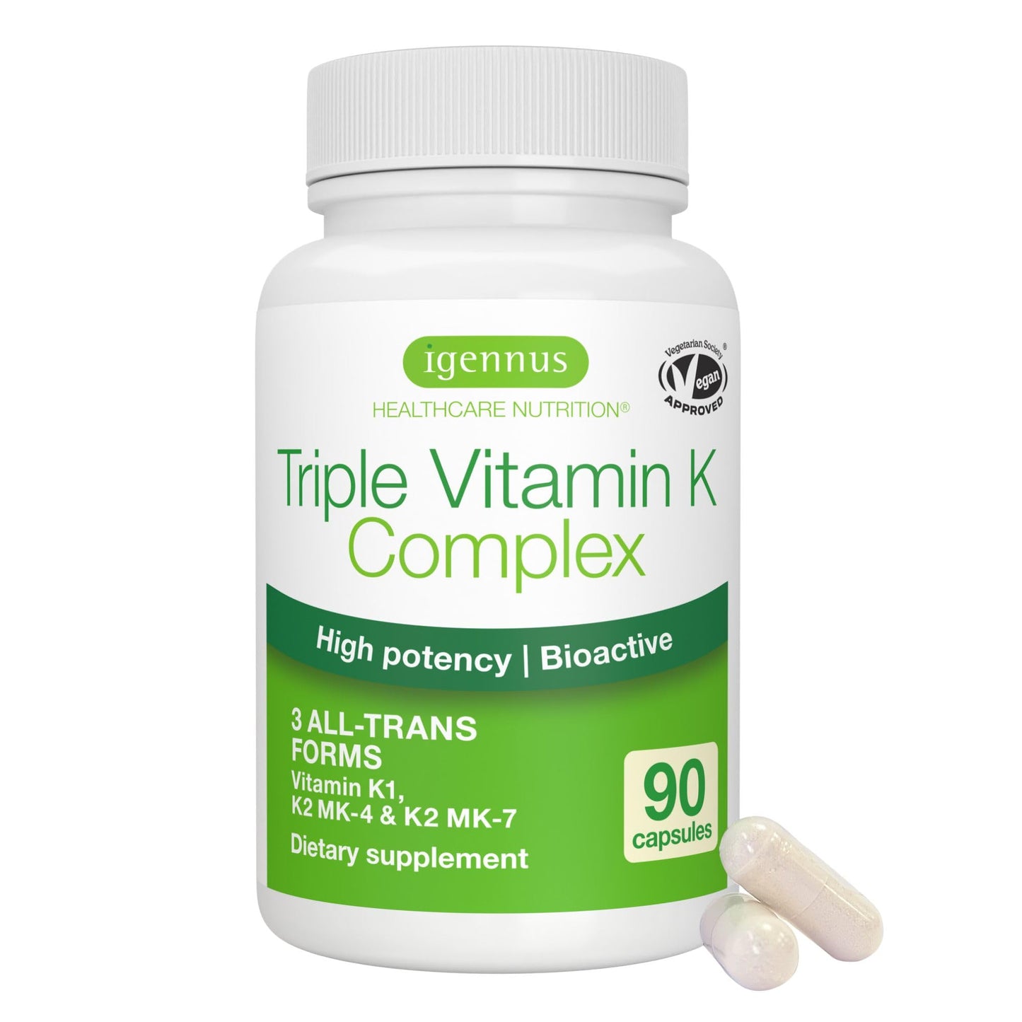 Igennus Healthcare Nutrition Full Spectrum Vitamin K Complex, K1 & K2 (MK-4 & MK-7) Capsules, 90 Count