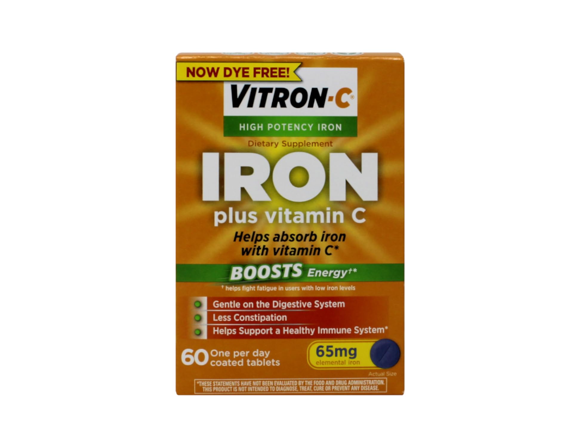 Vitron-C High Potency Iron Dietary Supplement – Iron Plus Vitamin C, 65 mg Elemental Iron, 60 Coated Tablets