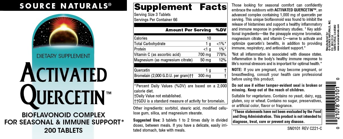 Source Naturals Activated Quercetin Plant-Derived Bioflavonoid Complex Tablets 200 Count