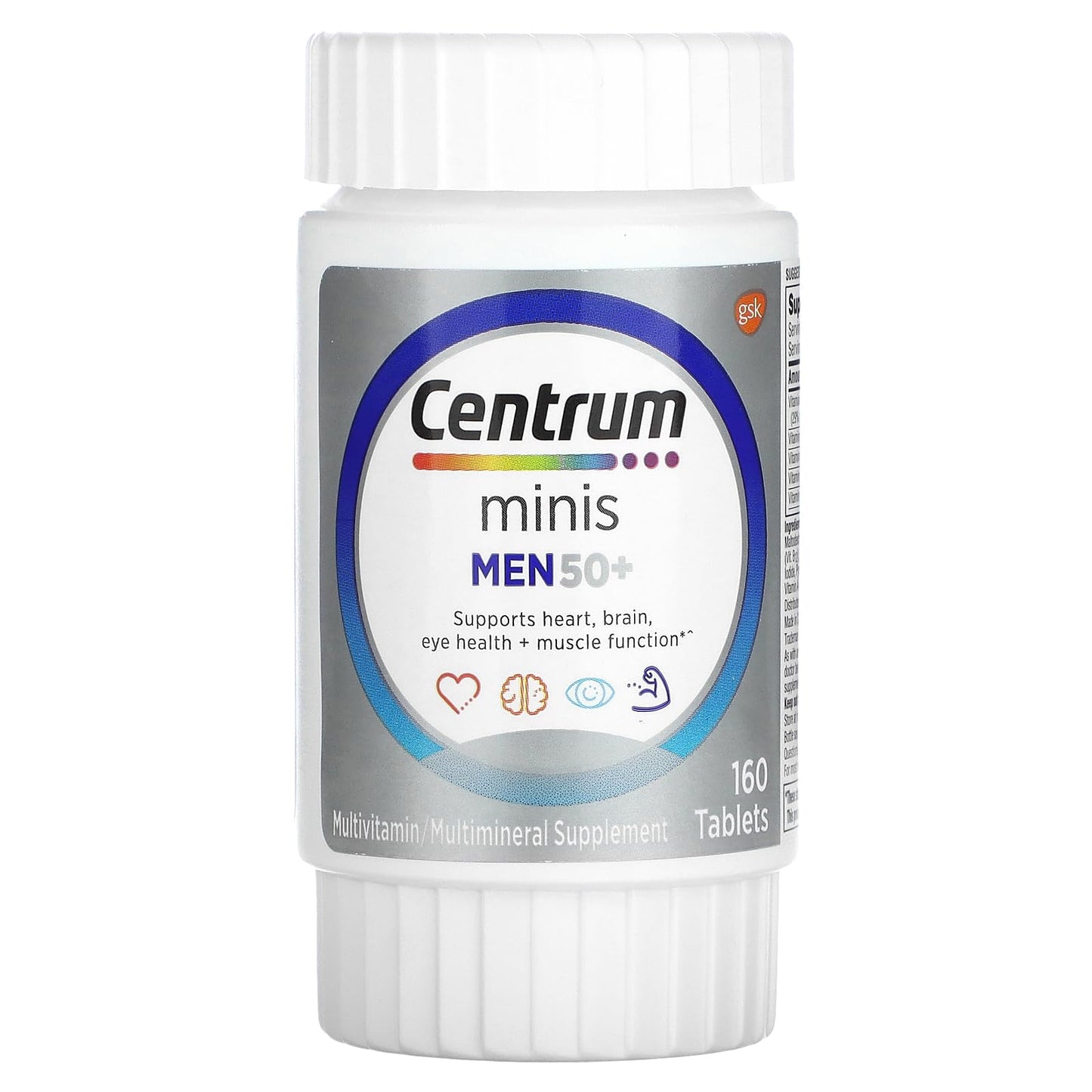 Centrum Minis Silver Multivitamin for Men 50 Plus Multimineral Supplement Vitamin D3 B and Zinc Non-GMO Tablets, 160 Count