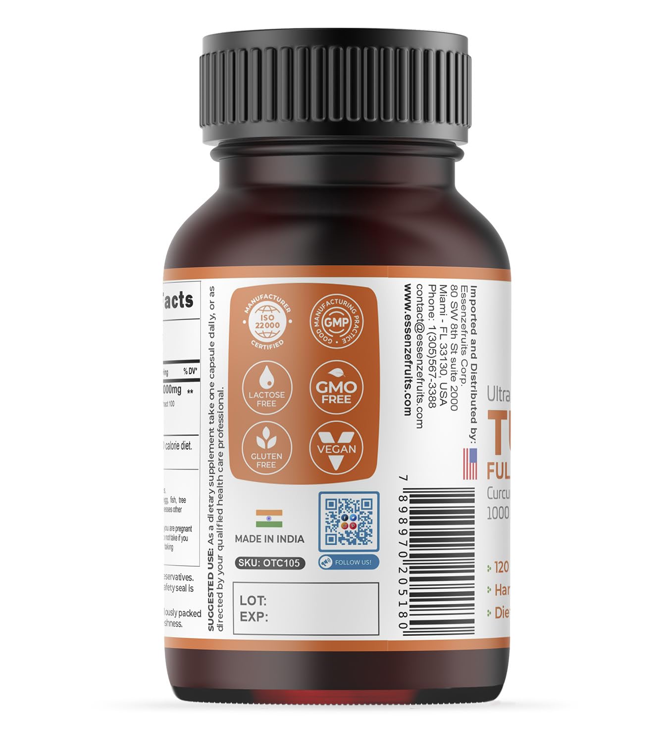Essenzefruits Turmeric Curcumin with Black Pepper – 1000 mg Full Spectrum Turmeric Complex with 95% Curcuminoids & Piperine Capsules, 120 Count
